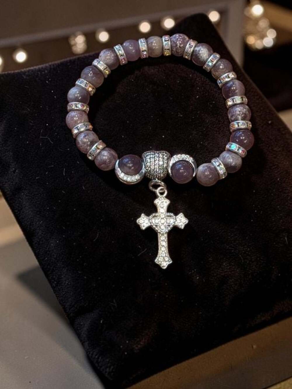 Styleandstone Purple Lepidolite Rhinestone Cross Charm Bracelet